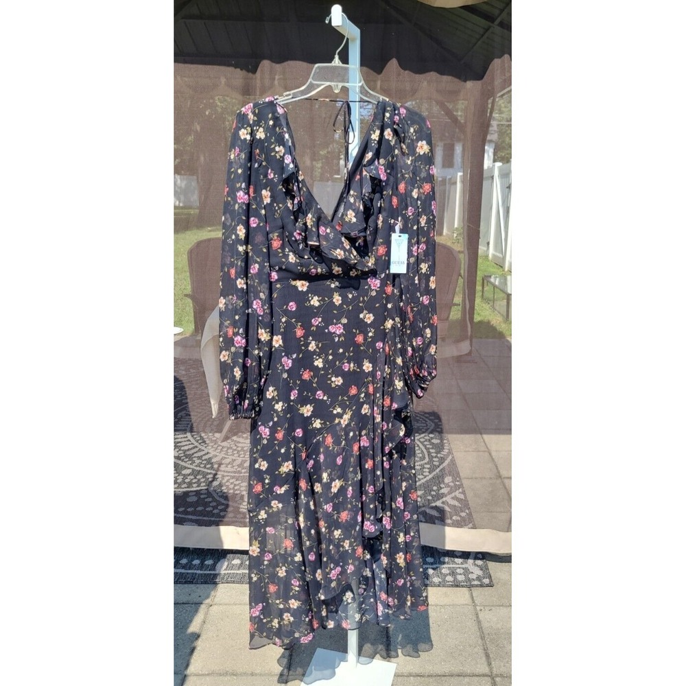 Guess Darcelle Whimsy Floral Printed Black Long Sleeve Ruffled Dress Size: 6 - Picture 2 of 9